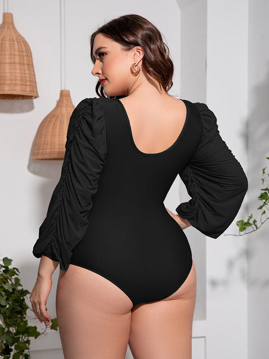 Plus Size Tied Deep V Balloon Sleeve One-Piece Swimsuit - Body By J'ne