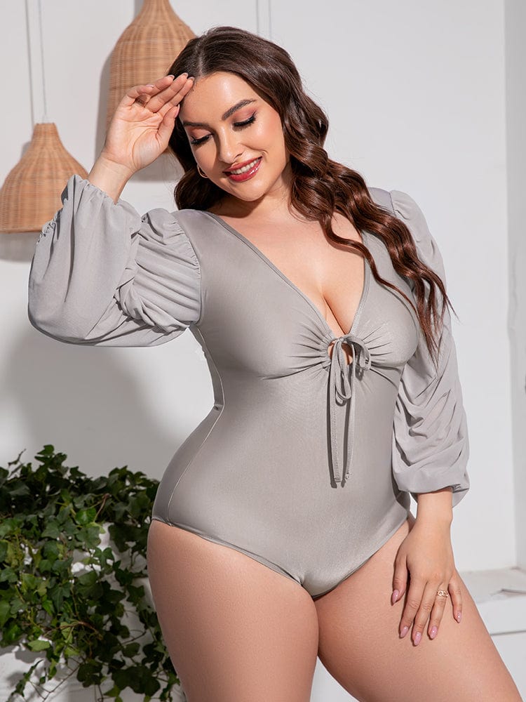 Plus Size Tied Deep V Balloon Sleeve One-Piece Swimsuit - Body By J'ne