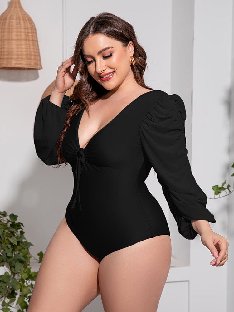 Plus Size Tied Deep V Balloon Sleeve One-Piece Swimsuit - Body By J'ne