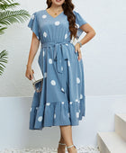 Polka Dot Belted Flutter Sleeve Ruffle Hem Dress - Body By J'ne