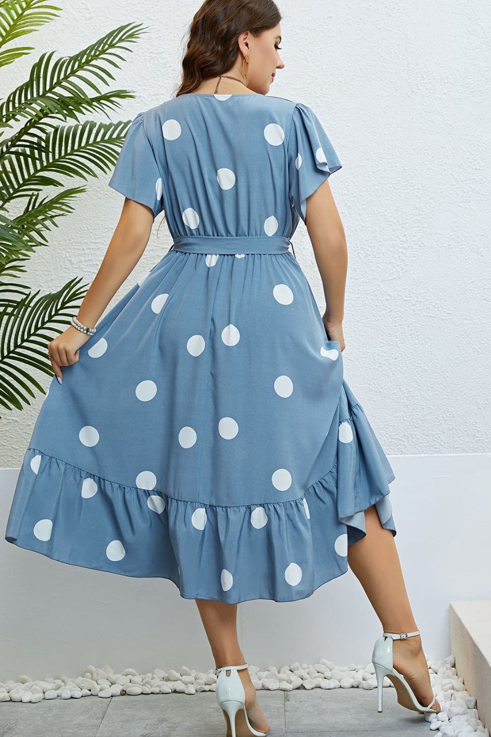 Polka Dot Belted Flutter Sleeve Ruffle Hem Dress - Body By J'ne