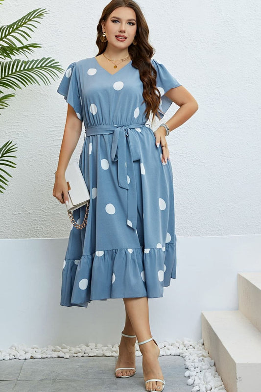 Polka Dot Belted Flutter Sleeve Ruffle Hem Dress - Body By J'ne