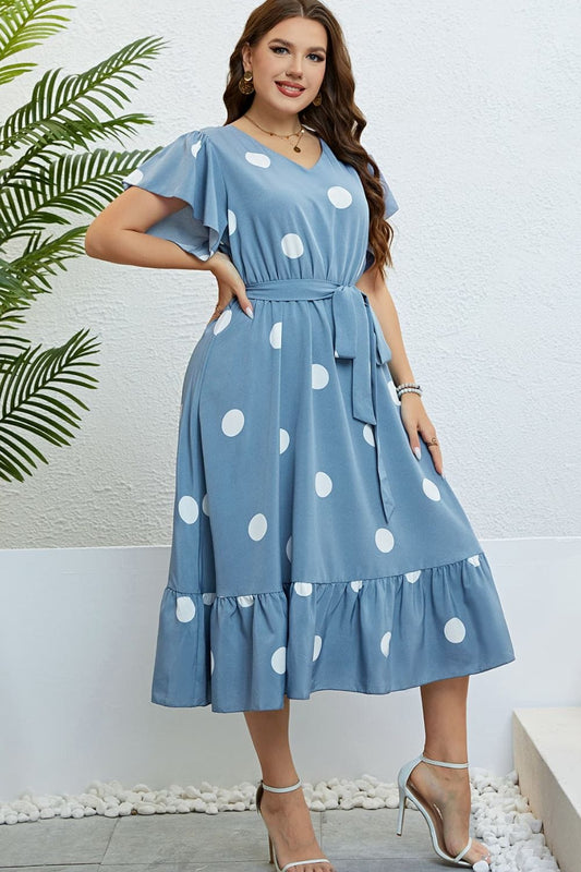 Polka Dot Belted Flutter Sleeve Ruffle Hem Dress - Body By J'ne