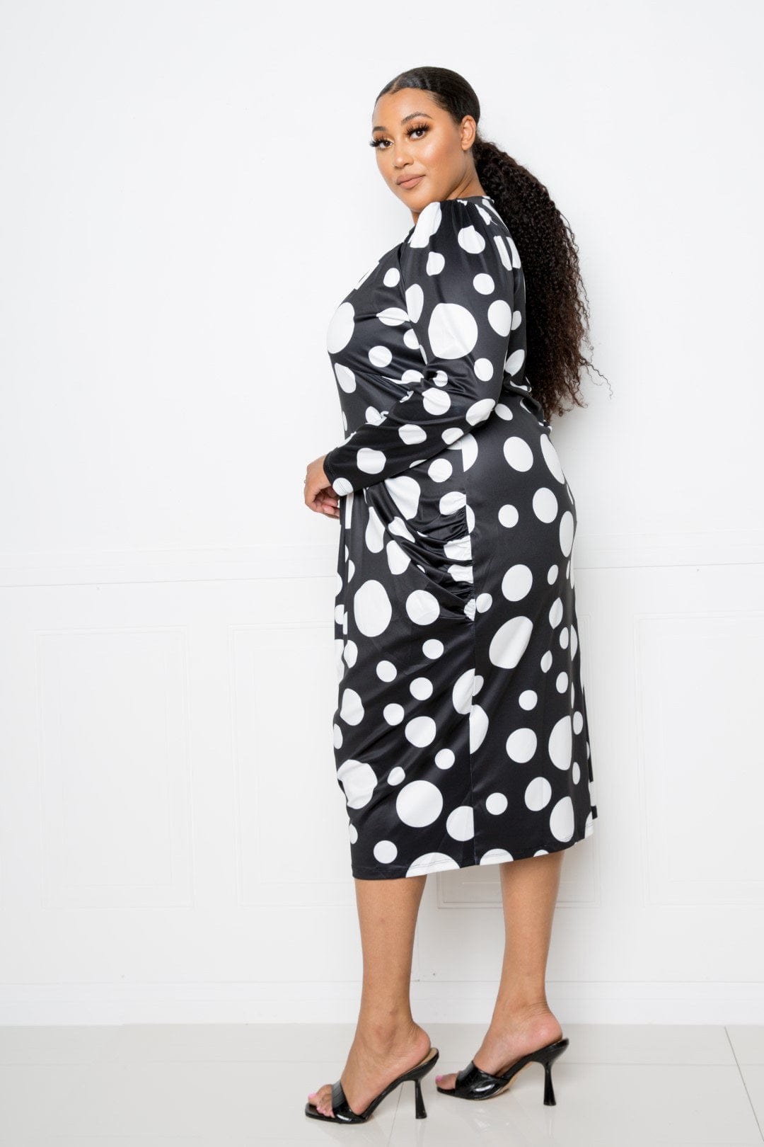 Polka Dot Drop Waist Ruched Midi Dress - Body By J'ne