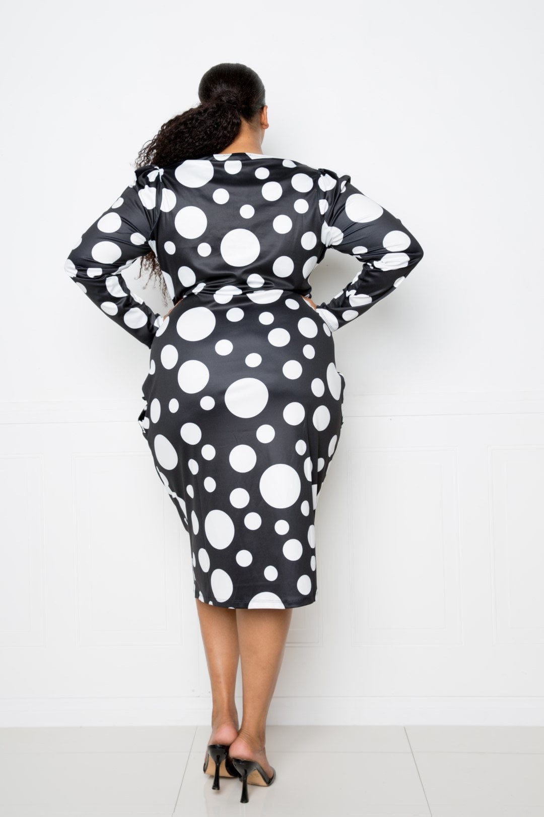 Polka Dot Drop Waist Ruched Midi Dress - Body By J'ne