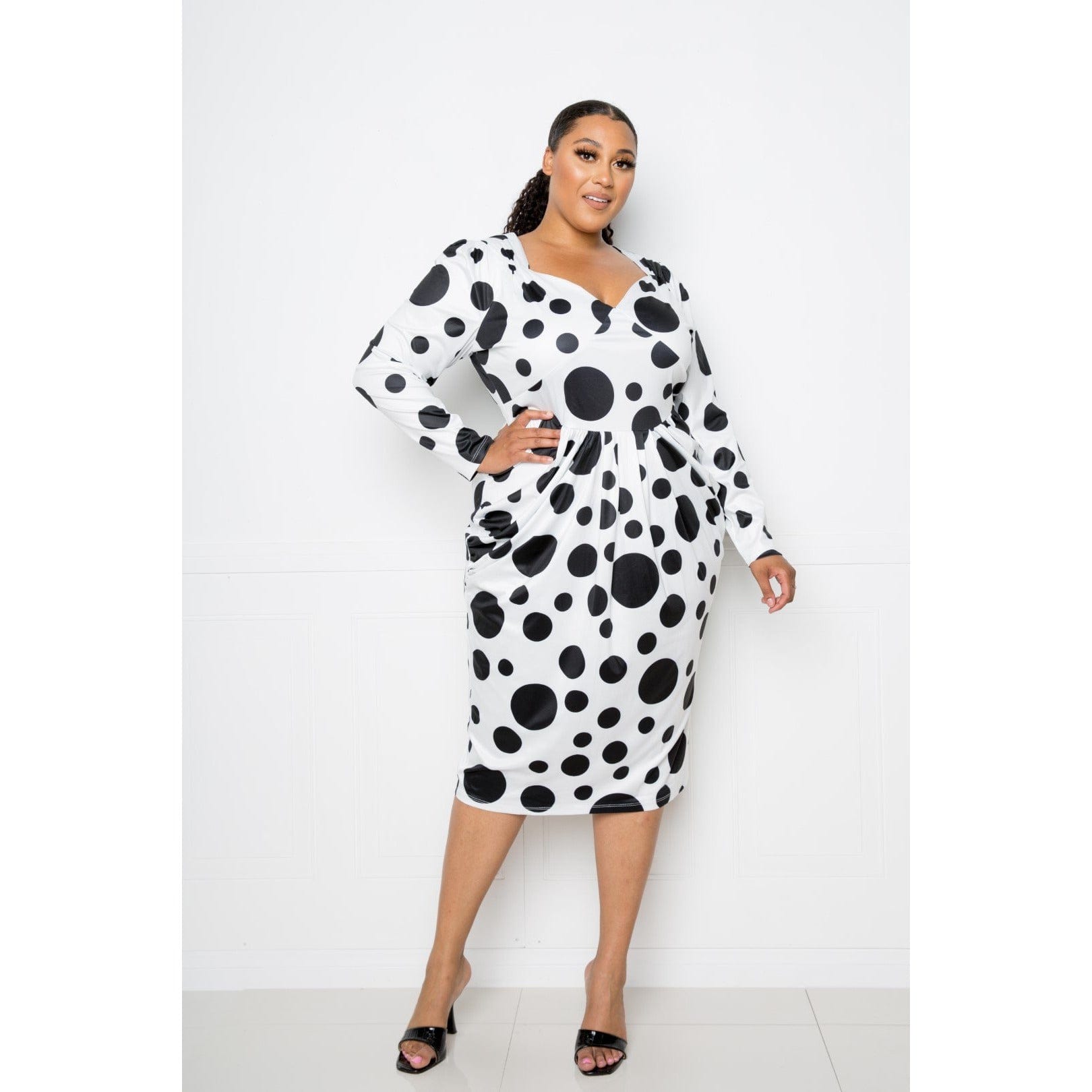 Polka Dot Drop Waist Ruched Midi Dress - Body By J'ne