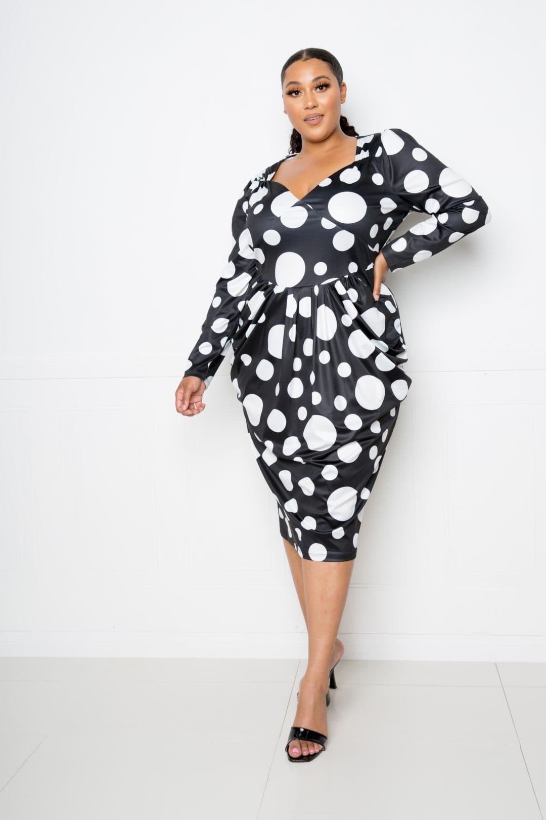 Polka Dot Drop Waist Ruched Midi Dress - Body By J'ne