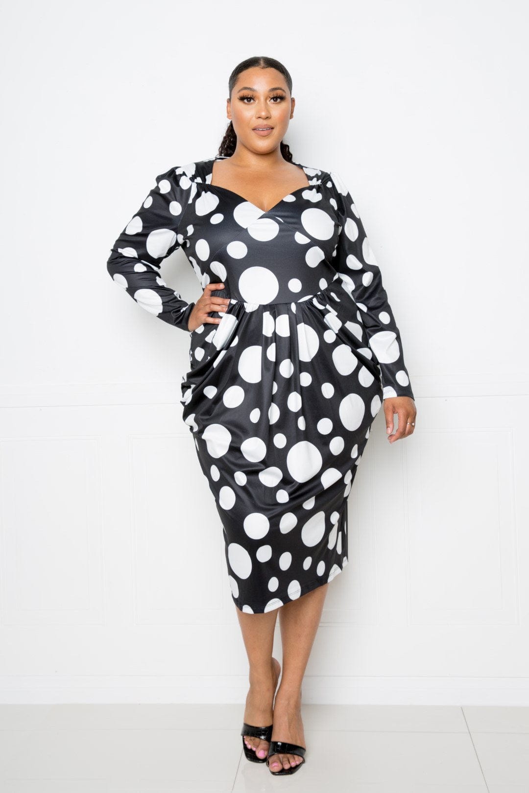 Polka Dot Drop Waist Ruched Midi Dress - Body By J'ne