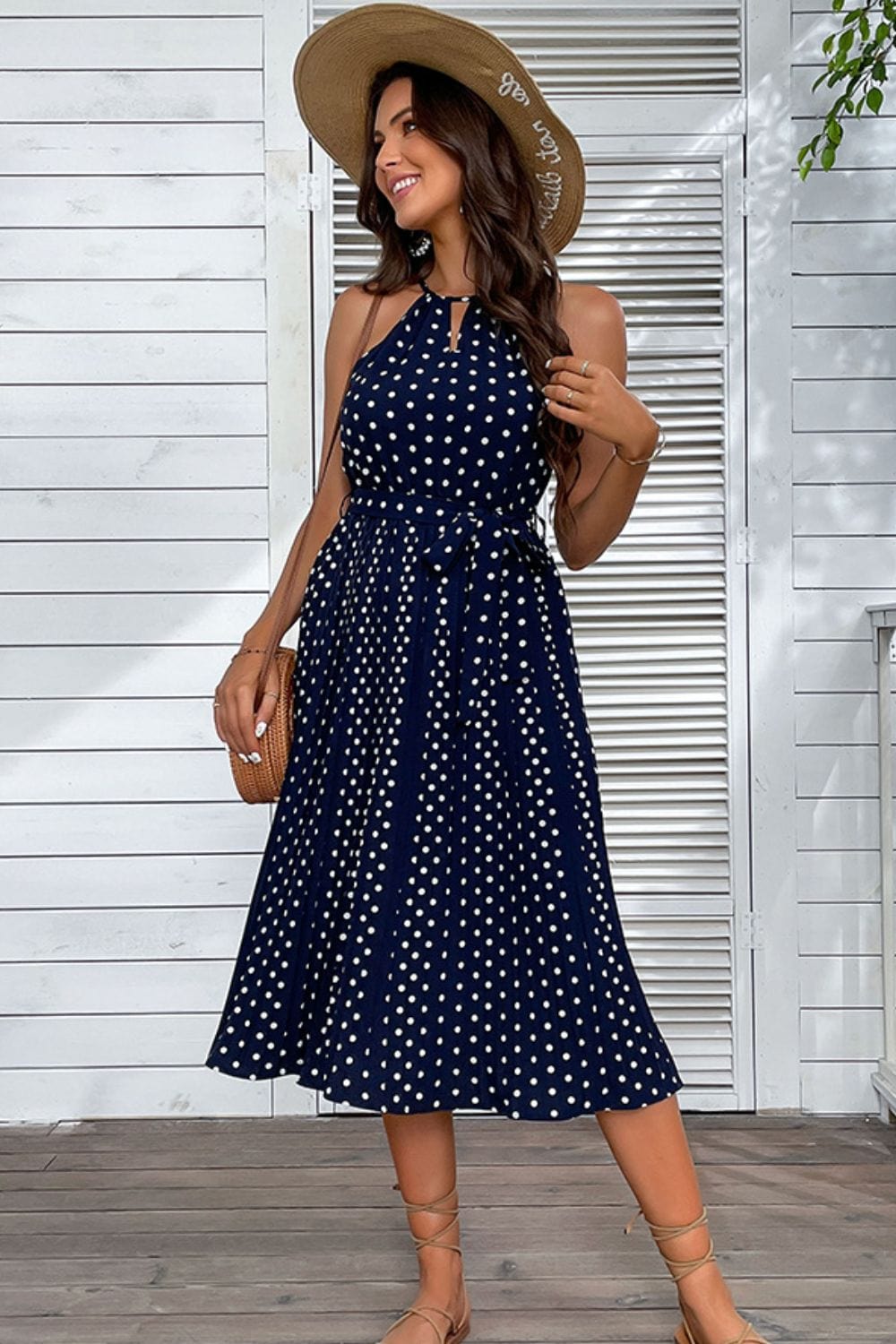 Polka Dot Tie-Waist Sleeveless Midi Dress - Body By J'ne