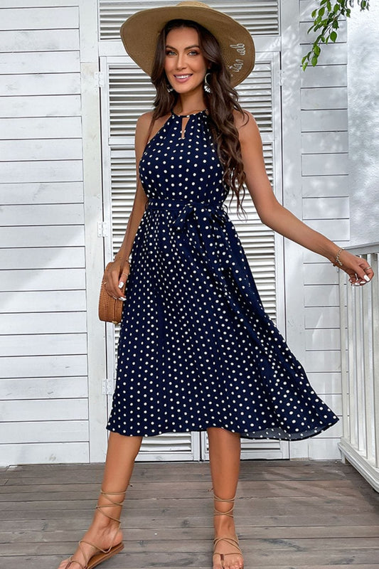 Polka Dot Tie-Waist Sleeveless Midi Dress - Body By J'ne