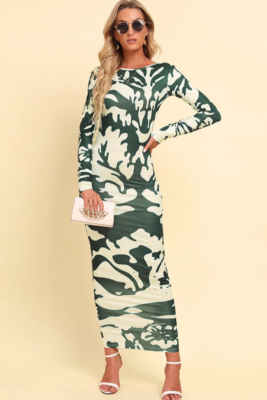 Printed Backless Long Sleeve Maxi Dress - Body By J'ne