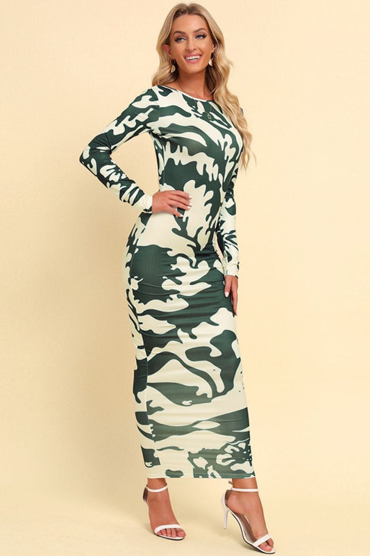 Printed Backless Long Sleeve Maxi Dress - Body By J'ne