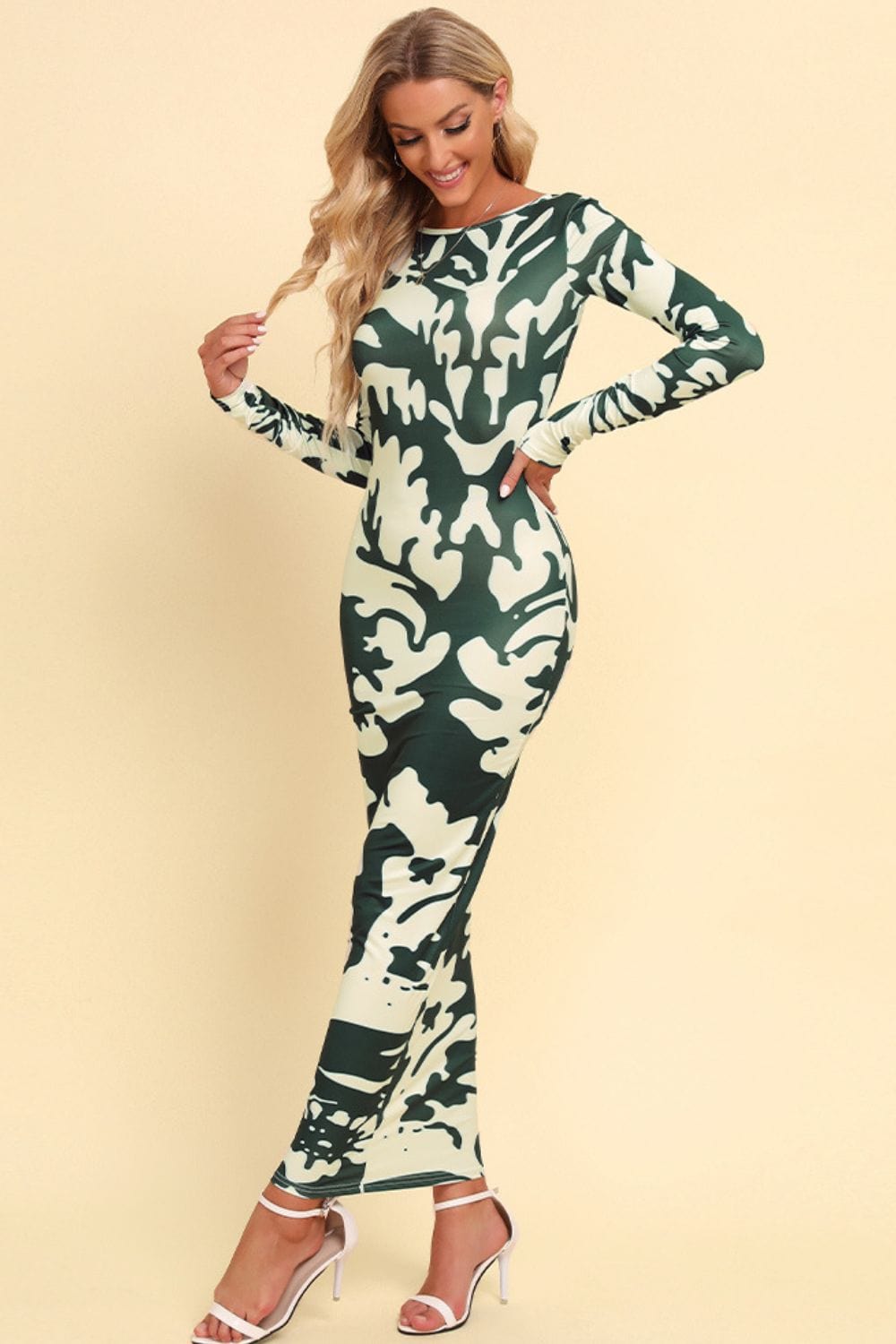 Printed Backless Long Sleeve Maxi Dress - Body By J'ne