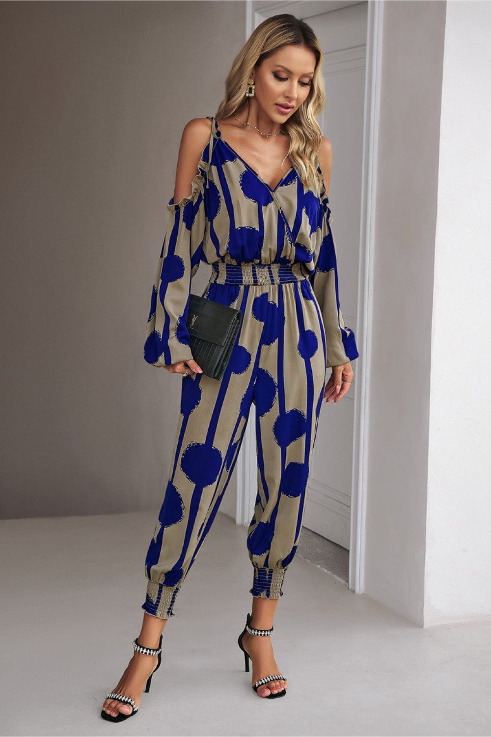 Printed Cold-Shoulder Surplice Neck Jumpsuit - Body By J'ne