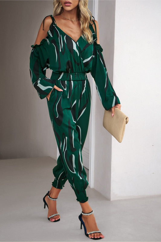Printed Cold-Shoulder Surplice Neck Jumpsuit - Body By J'ne
