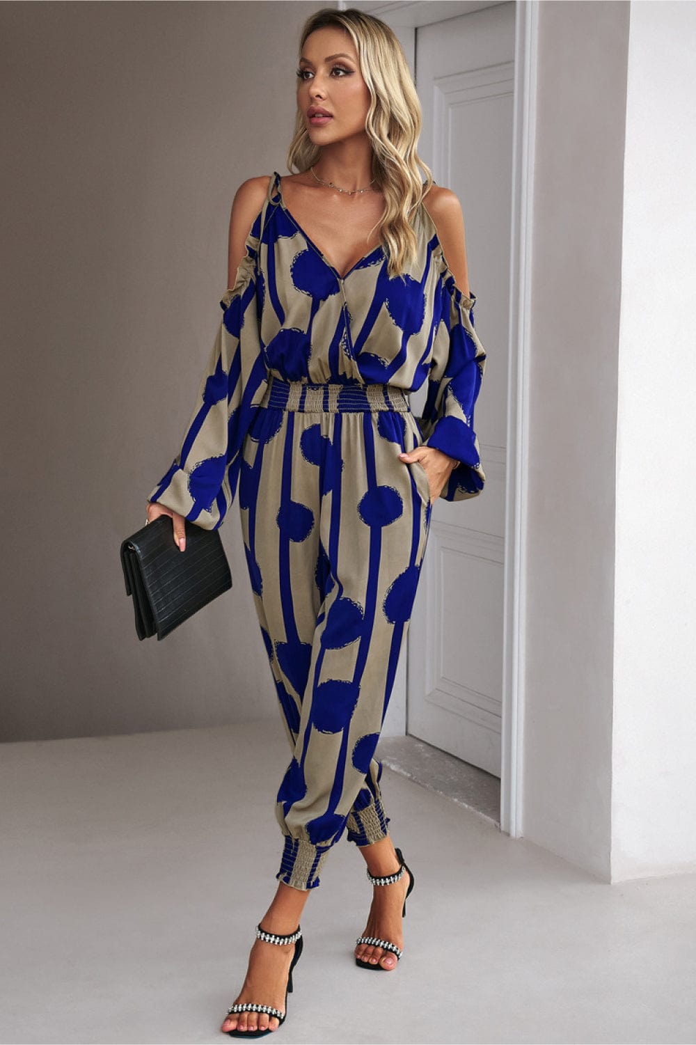 Printed Cold-Shoulder Surplice Neck Jumpsuit - Body By J'ne