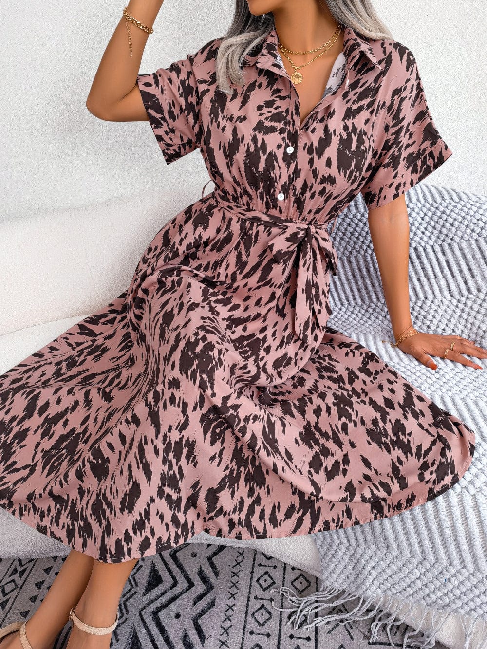 Printed Collared Neck Short Sleeve Tie Waist Dress - Body By J'ne