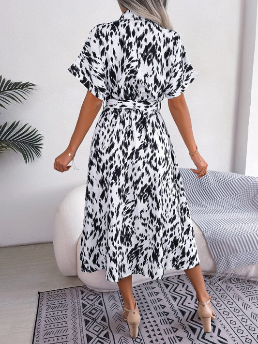 Printed Collared Neck Short Sleeve Tie Waist Dress - Body By J'ne