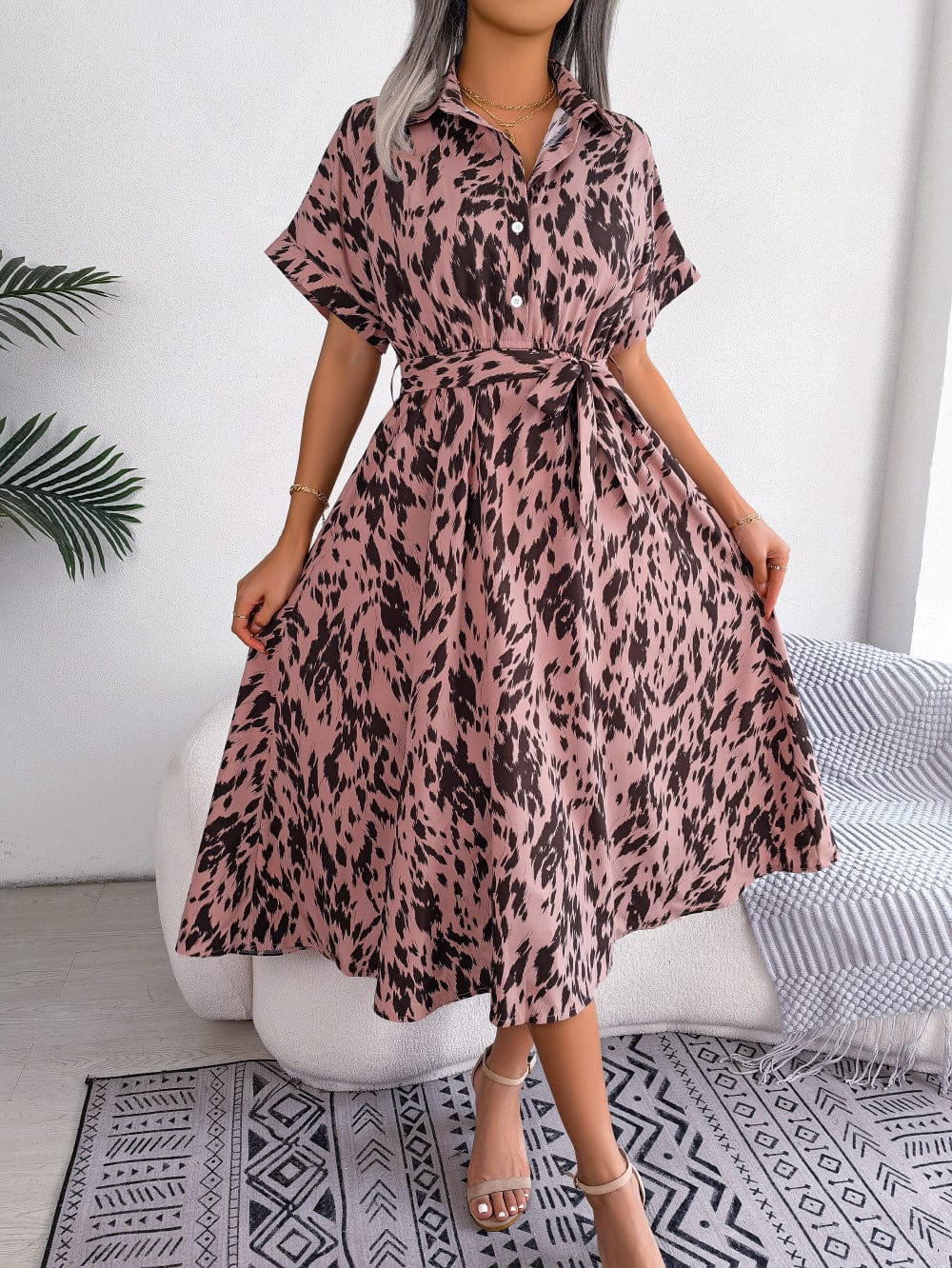 Printed Collared Neck Short Sleeve Tie Waist Dress - Body By J'ne