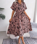 Printed Collared Neck Short Sleeve Tie Waist Dress - Body By J'ne