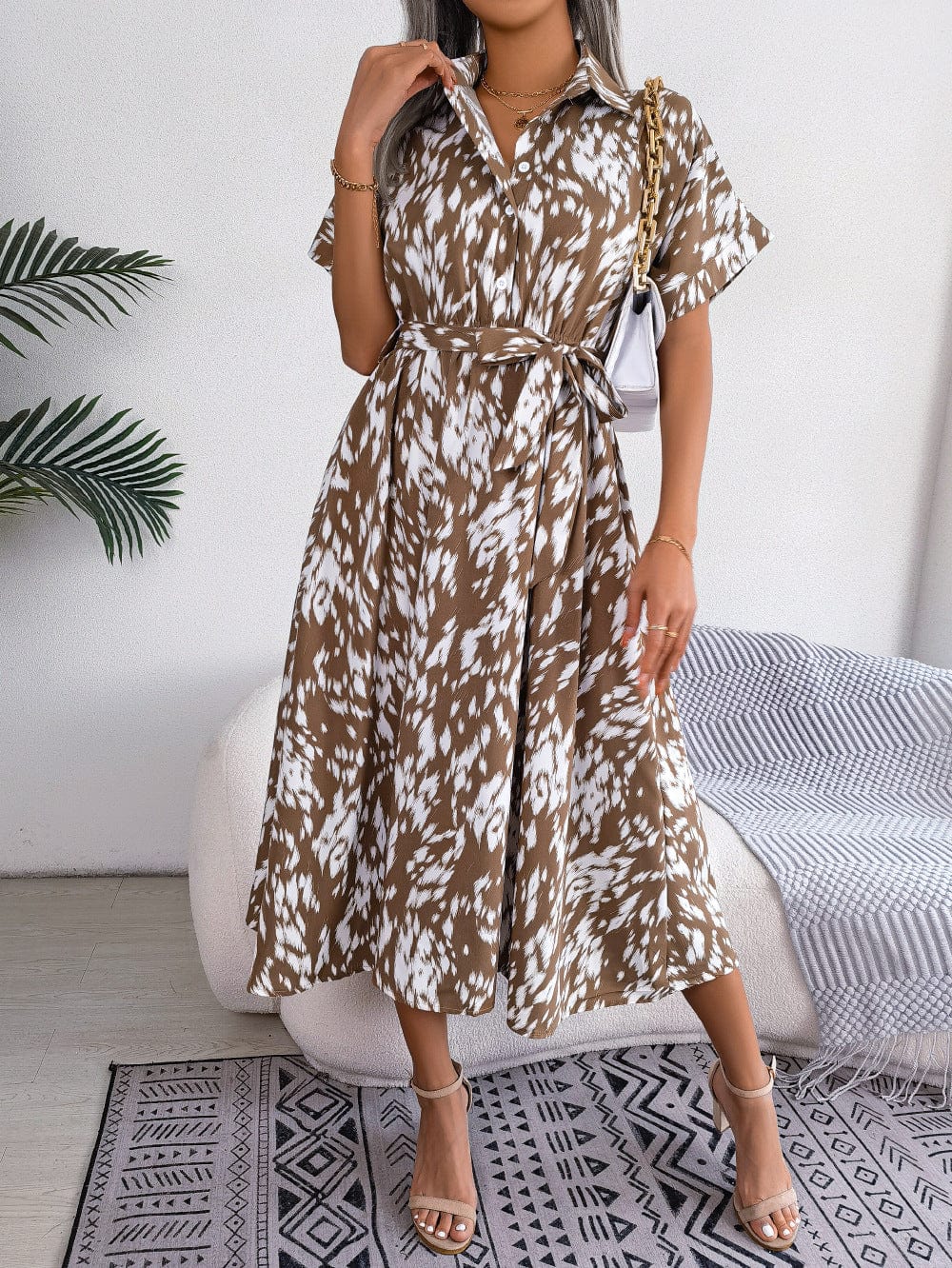 Printed Collared Neck Short Sleeve Tie Waist Dress - Body By J'ne