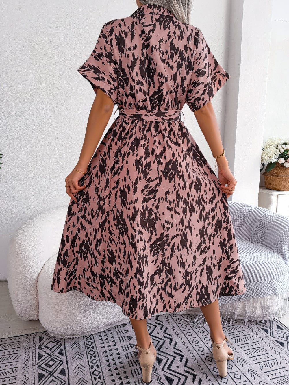 Printed Collared Neck Short Sleeve Tie Waist Dress - Body By J'ne