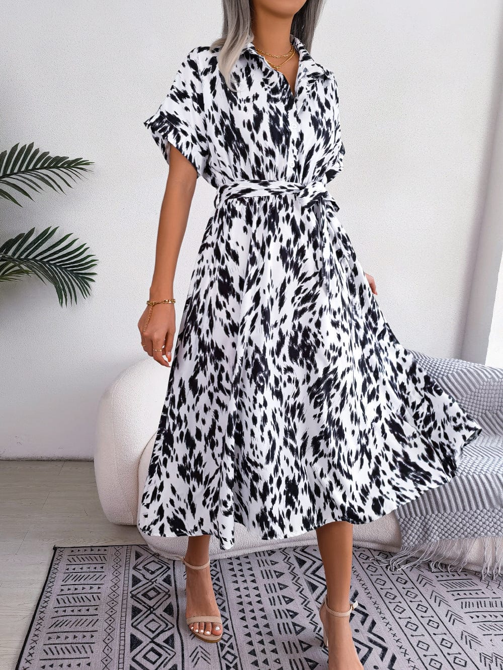 Printed Collared Neck Short Sleeve Tie Waist Dress - Body By J'ne