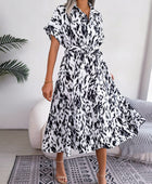 Printed Collared Neck Short Sleeve Tie Waist Dress - Body By J'ne