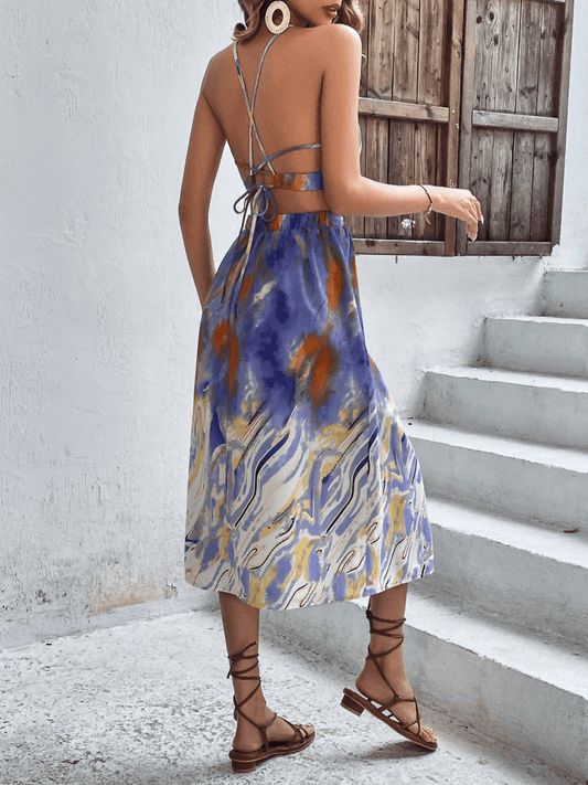 Printed Halter Neck Crisscross Tied Dress - Body By J'ne