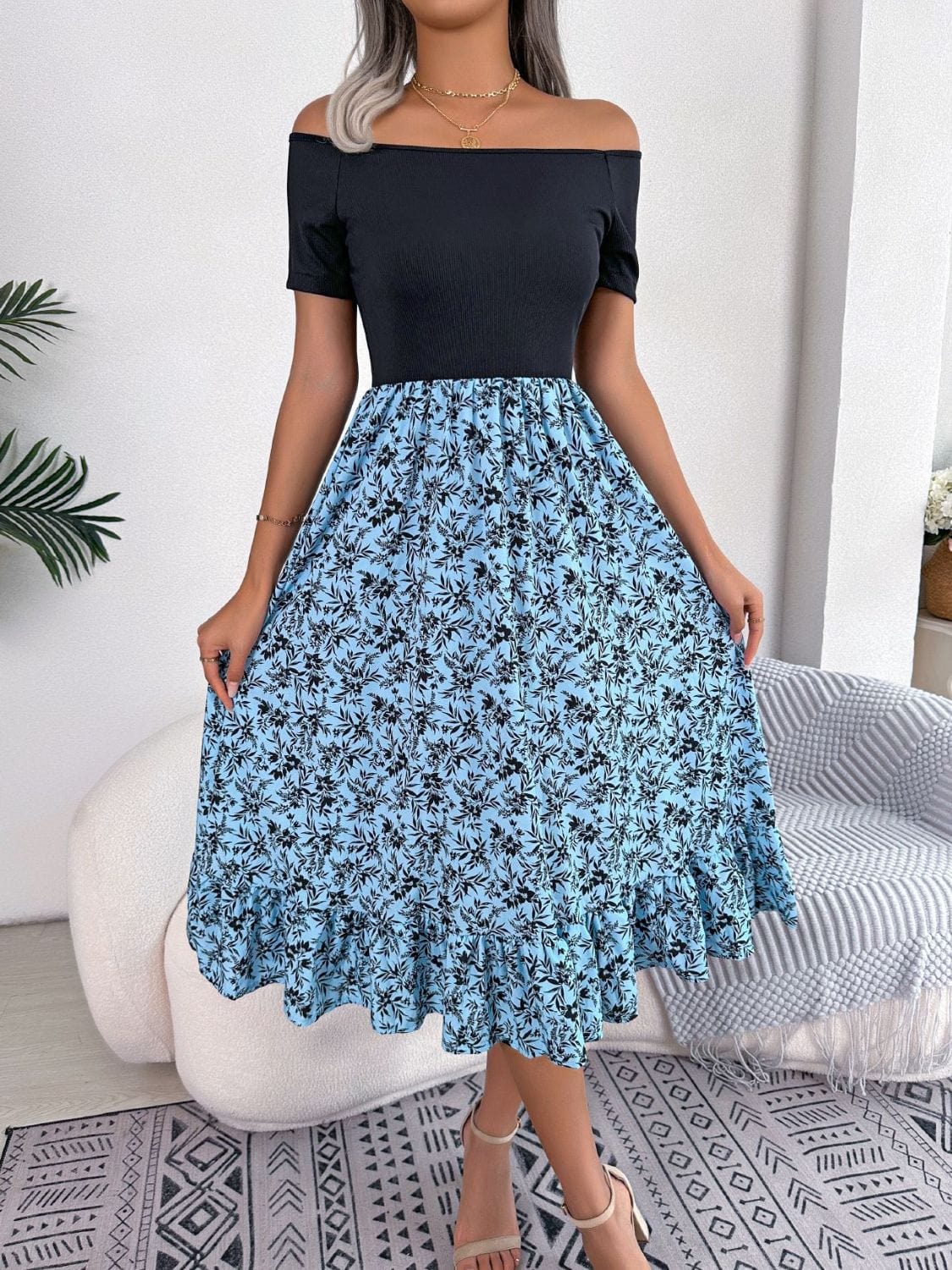 Printed Off-Shoulder Ruffle Hem Dress - Body By J'ne