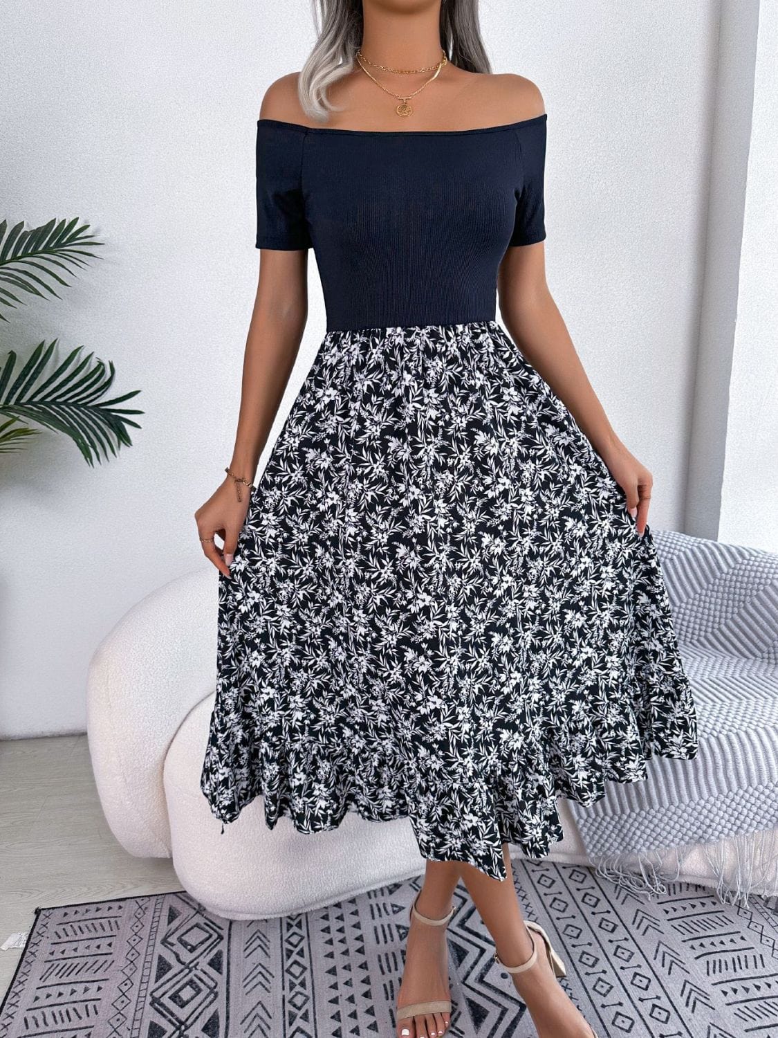 Printed Off-Shoulder Ruffle Hem Dress - Body By J'ne