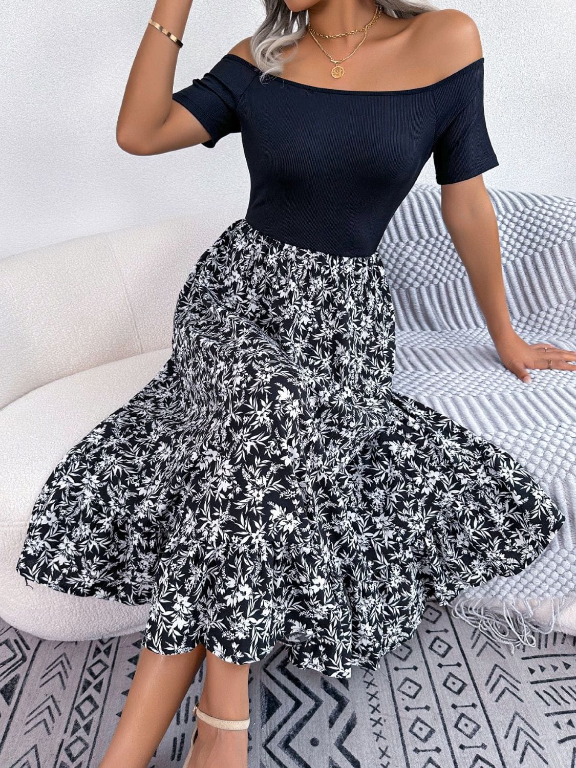 Printed Off-Shoulder Ruffle Hem Dress - Body By J'ne