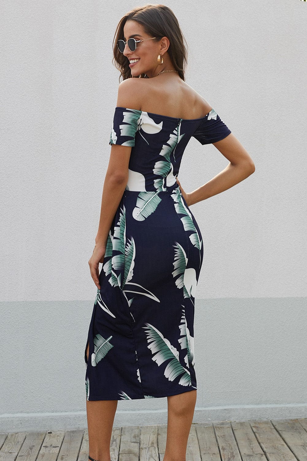 Printed Off-Shoulder Split Dress - Body By J'ne