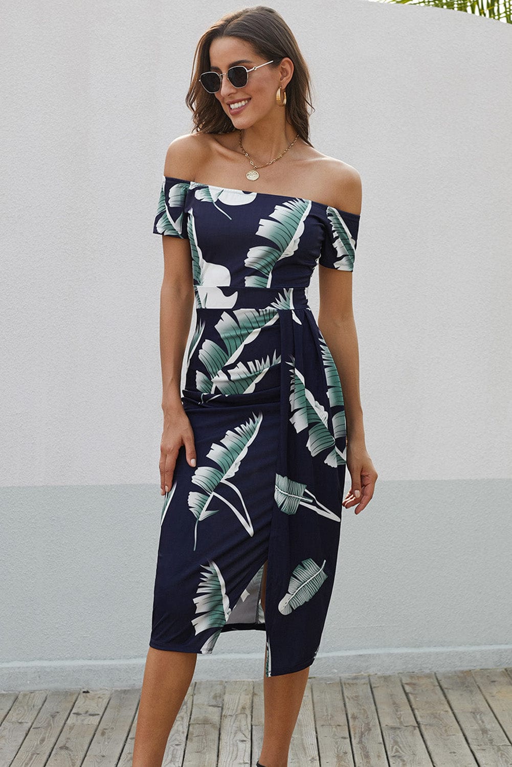 Printed Off-Shoulder Split Dress - Body By J'ne