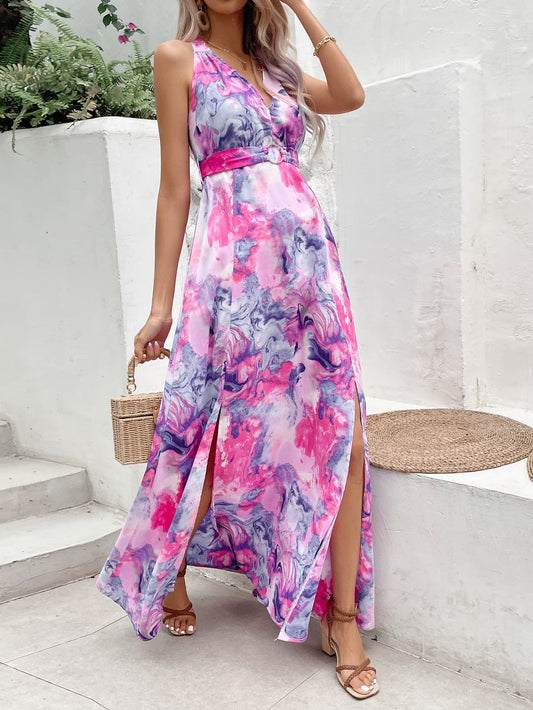 Printed Open Back Slit Sleeveless Dress - Body By J'ne