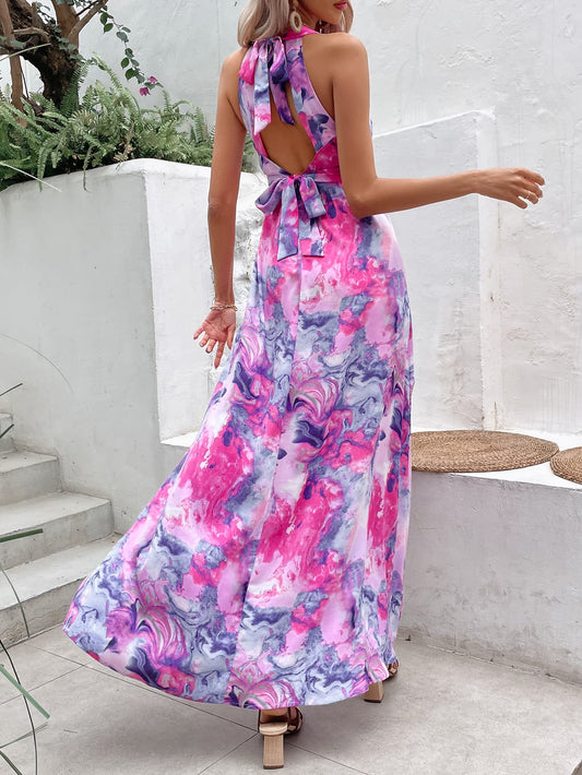 Printed Open Back Slit Sleeveless Dress - Body By J'ne