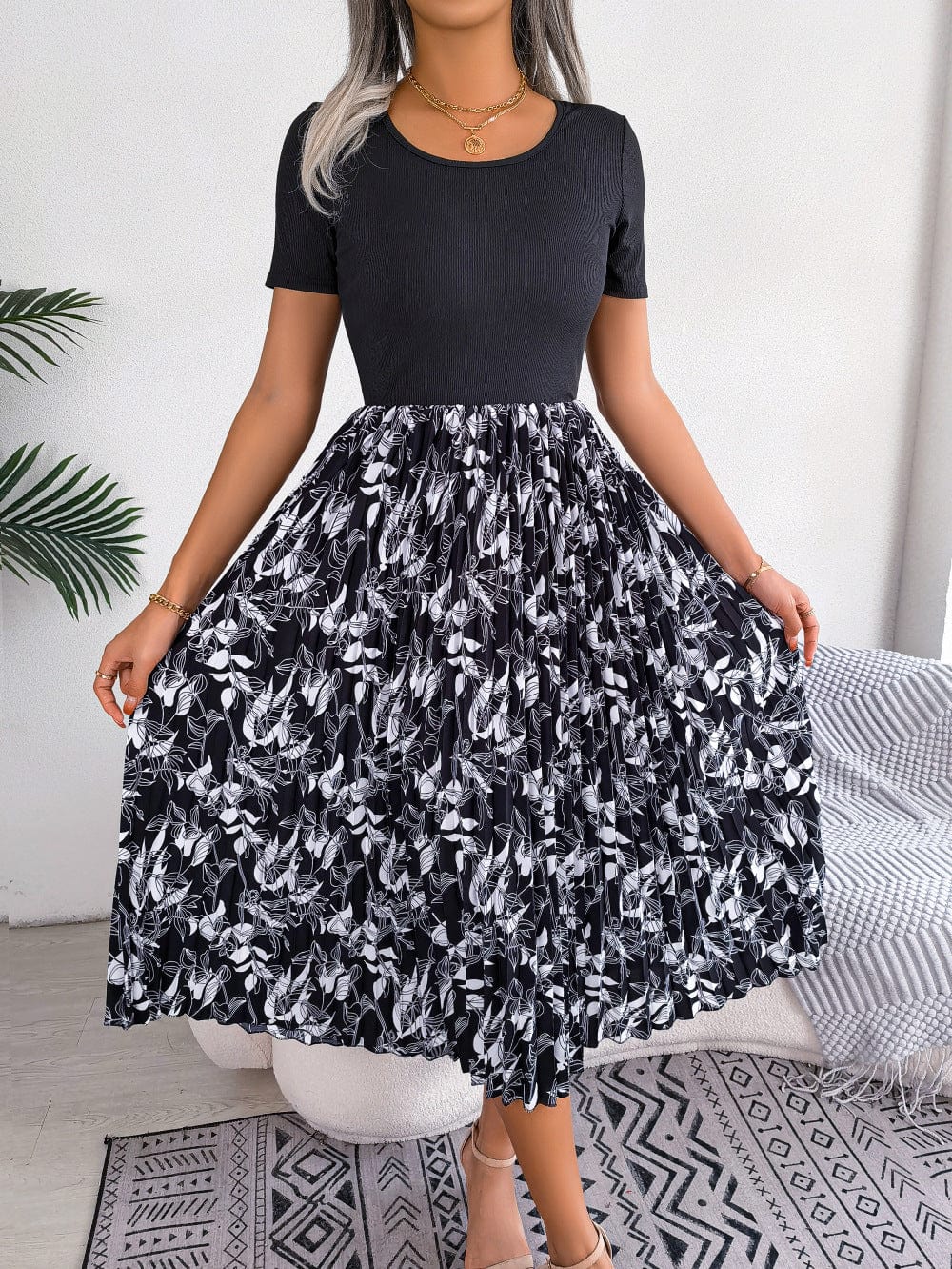 Printed Round Neck Pleated Dress - Body By J'ne