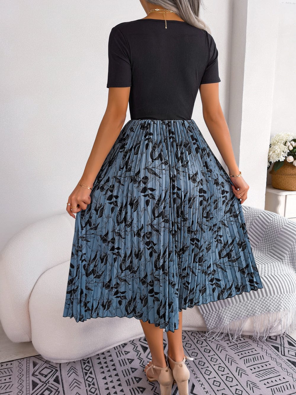 Printed Round Neck Pleated Dress - Body By J'ne