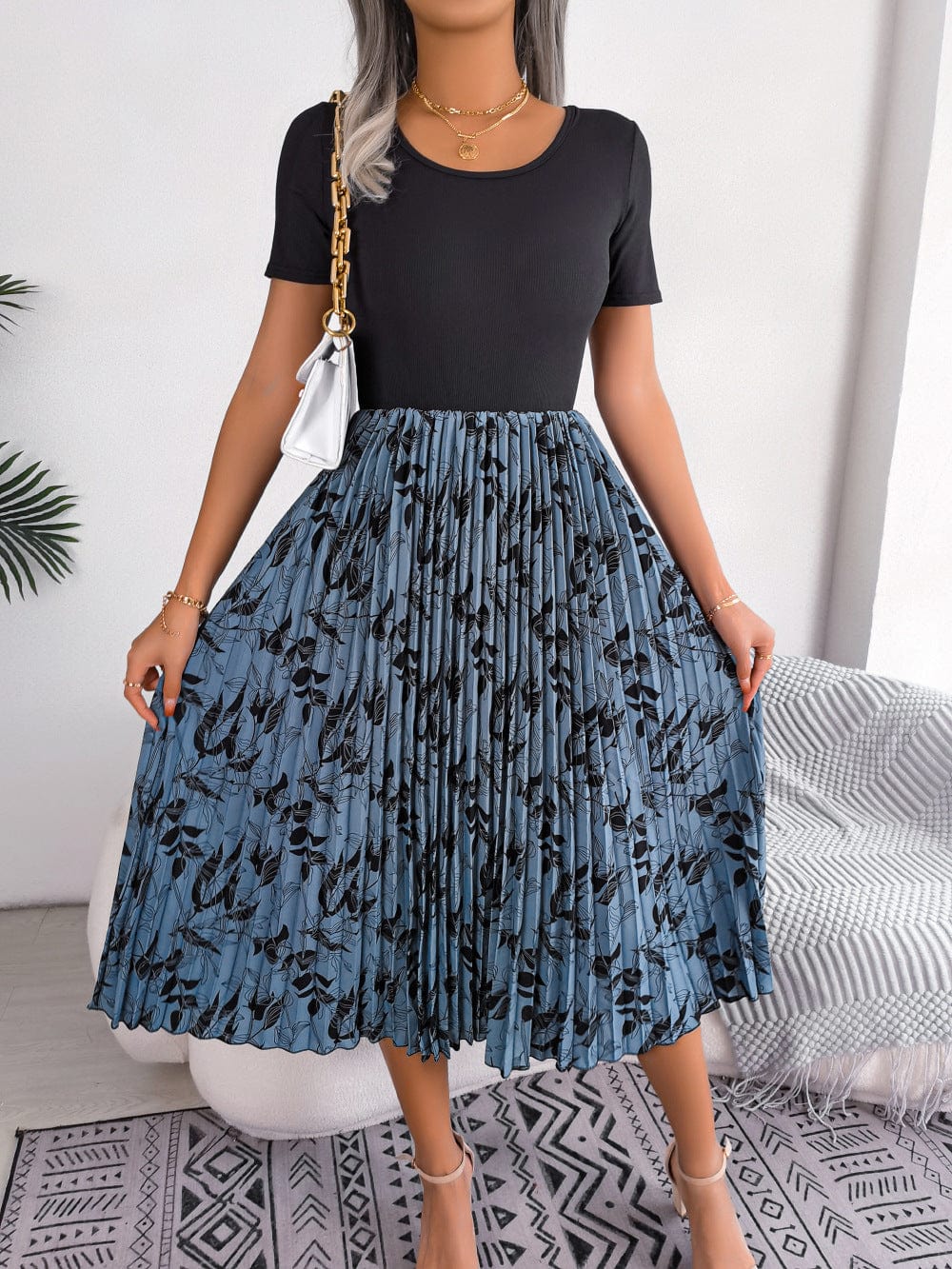 Printed Round Neck Pleated Dress - Body By J'ne