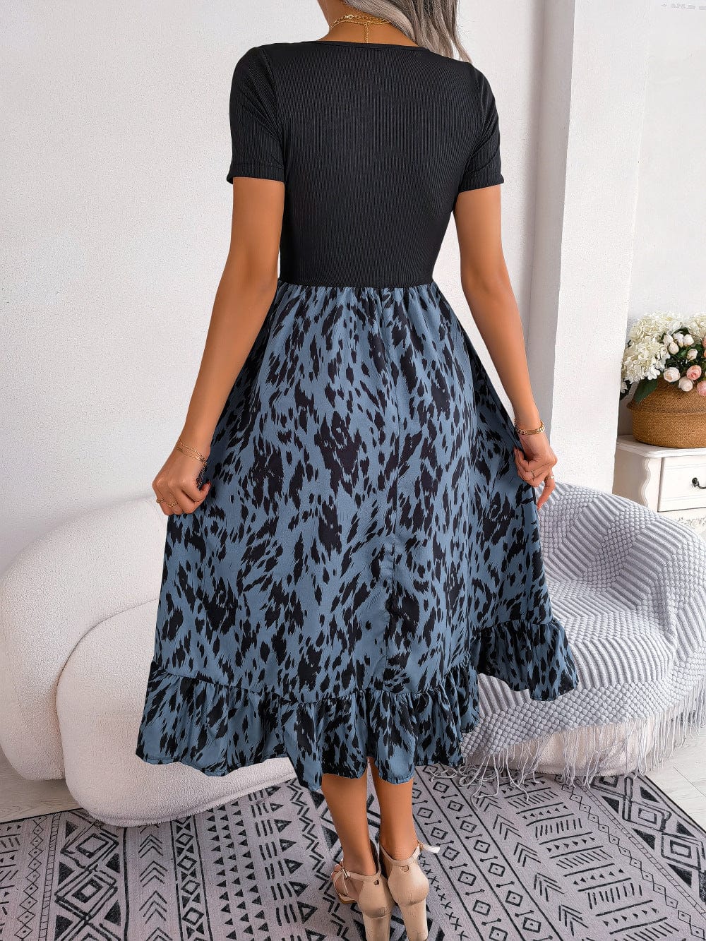 Printed Round Neck Ruffle Hem Dress - Body By J'ne