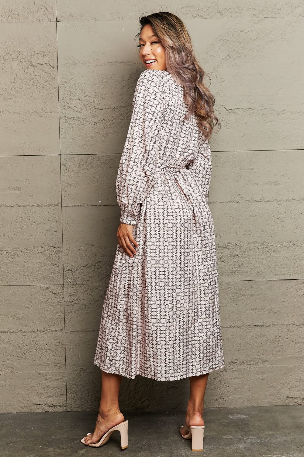 Printed Tie Waist Long Sleeve Dress - Body By J'ne