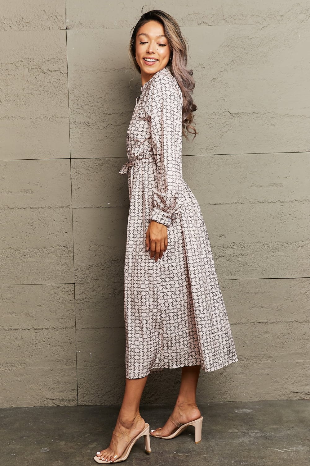 Printed Tie Waist Long Sleeve Dress - Body By J'ne