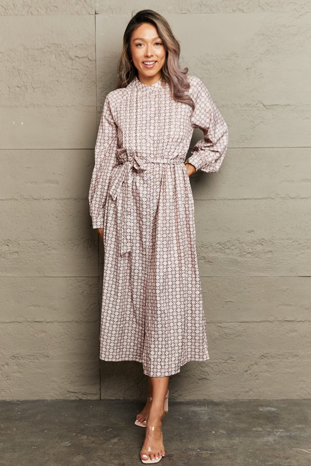 Printed Tie Waist Long Sleeve Dress - Body By J'ne