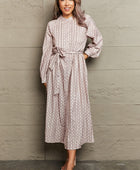 Printed Tie Waist Long Sleeve Dress - Body By J'ne