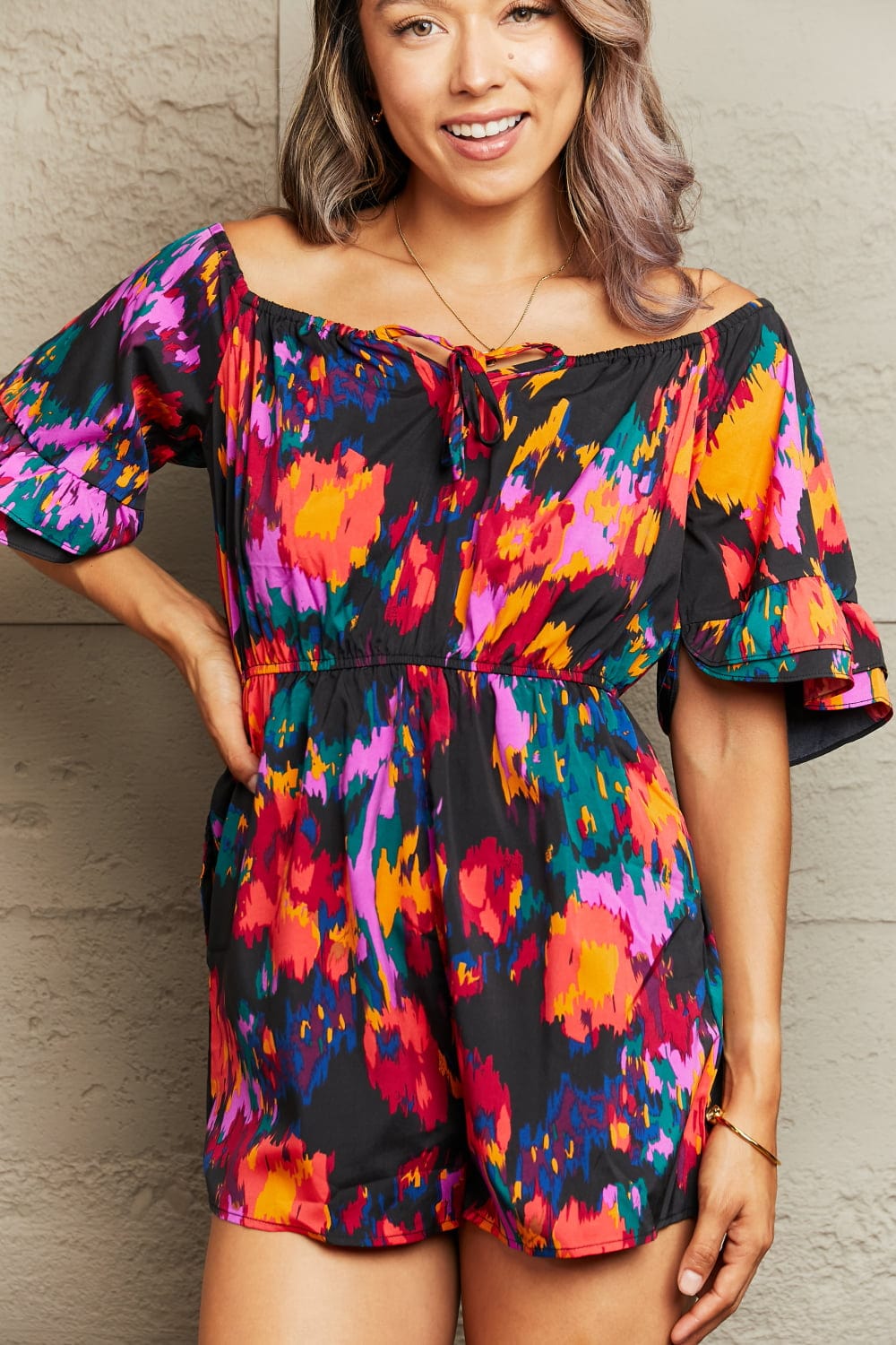 Printed Tied Flounce Sleeve Romper - Body By J'ne