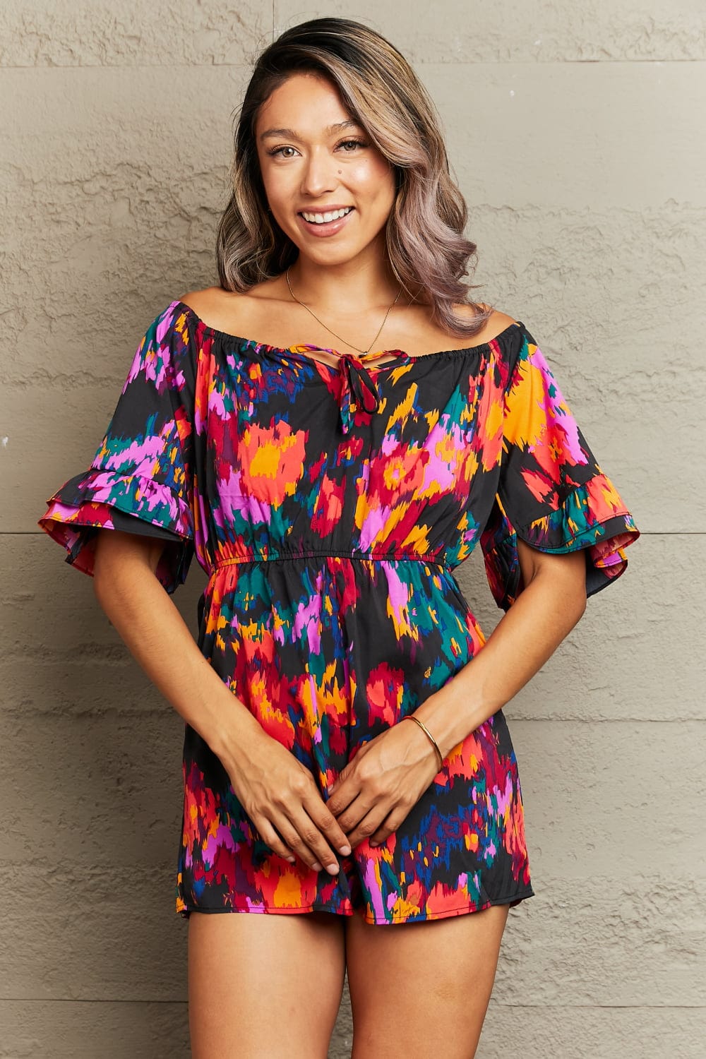 Printed Tied Flounce Sleeve Romper - Body By J'ne