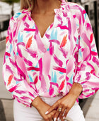 Printed V-Neck Balloon Sleeve Blouse - Body By J'ne