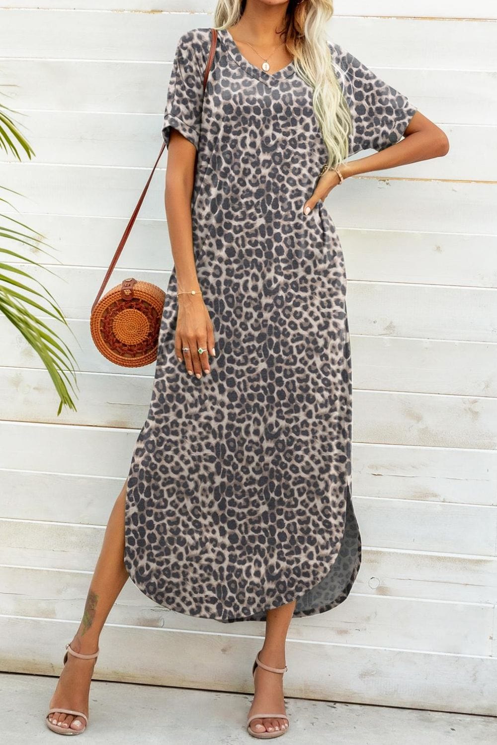 Printed V-Neck Curved Hem Dress - Body By J'ne