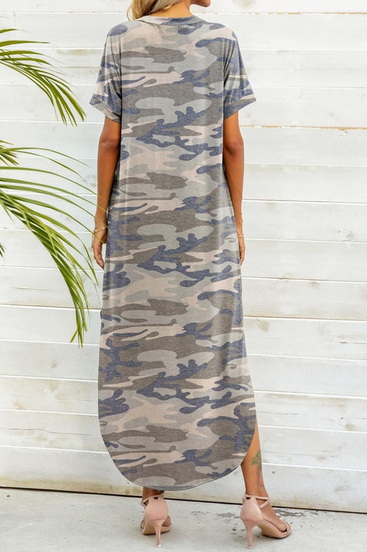 Printed V-Neck Curved Hem Dress - Body By J'ne