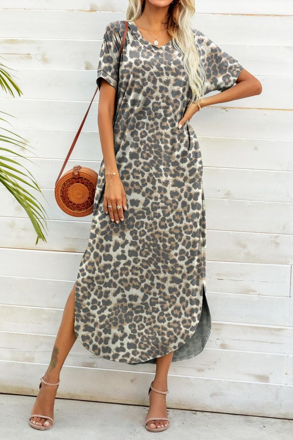 Printed V-Neck Curved Hem Dress - Body By J'ne